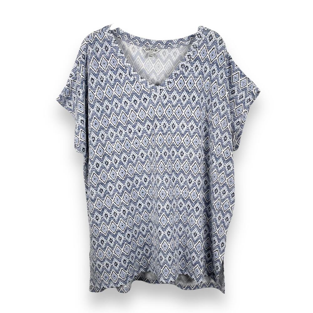 Orvis Womens Top Plus Size XXL Blue Geometric V-Neck Tunic Shirt Short Sleeve